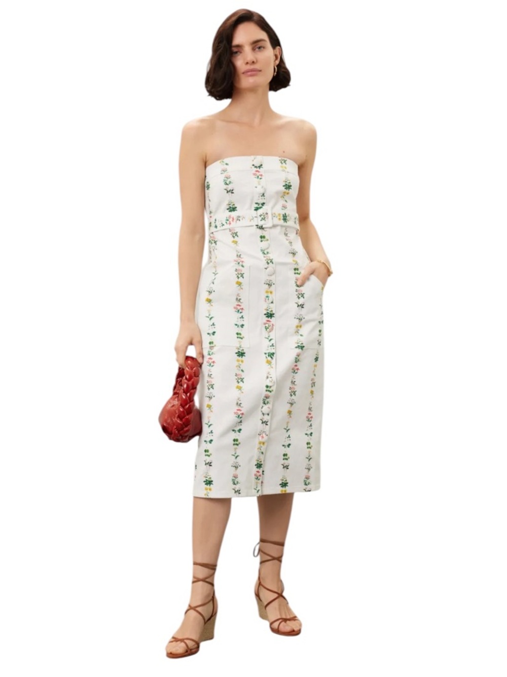 Adam Lippes- Strapless Printed Twill White Floral Midi Dress Size 8